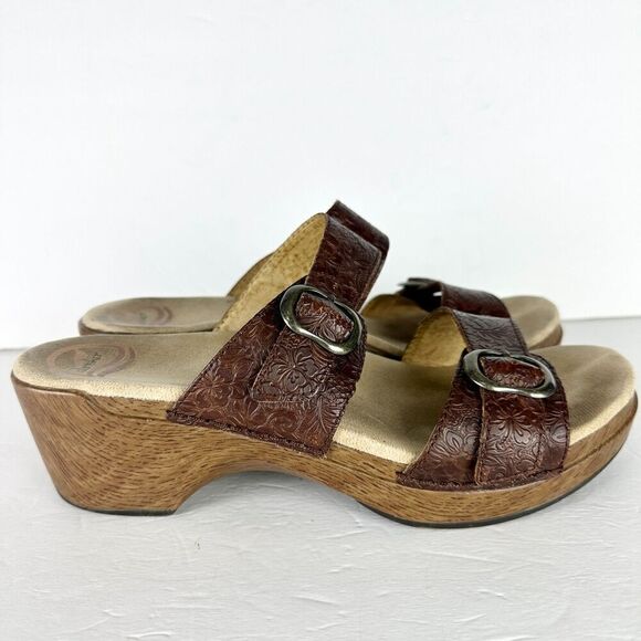 Dansko Sophie Tooled Leather Sandal Clog Size 41 US 10.5-11 Brown Buckle Comfort - Picture 2 of 10